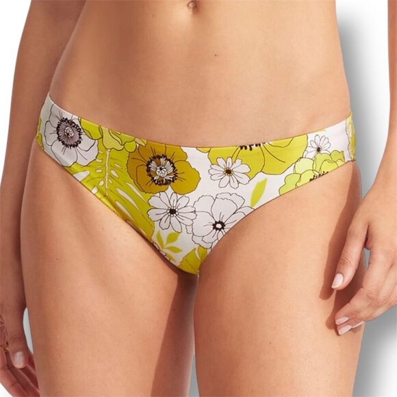 Seafolly US 6 Summer of Love Hipster Bikini Bottom Yellow Floral Swim Wild Lime - Picture 1 of 10